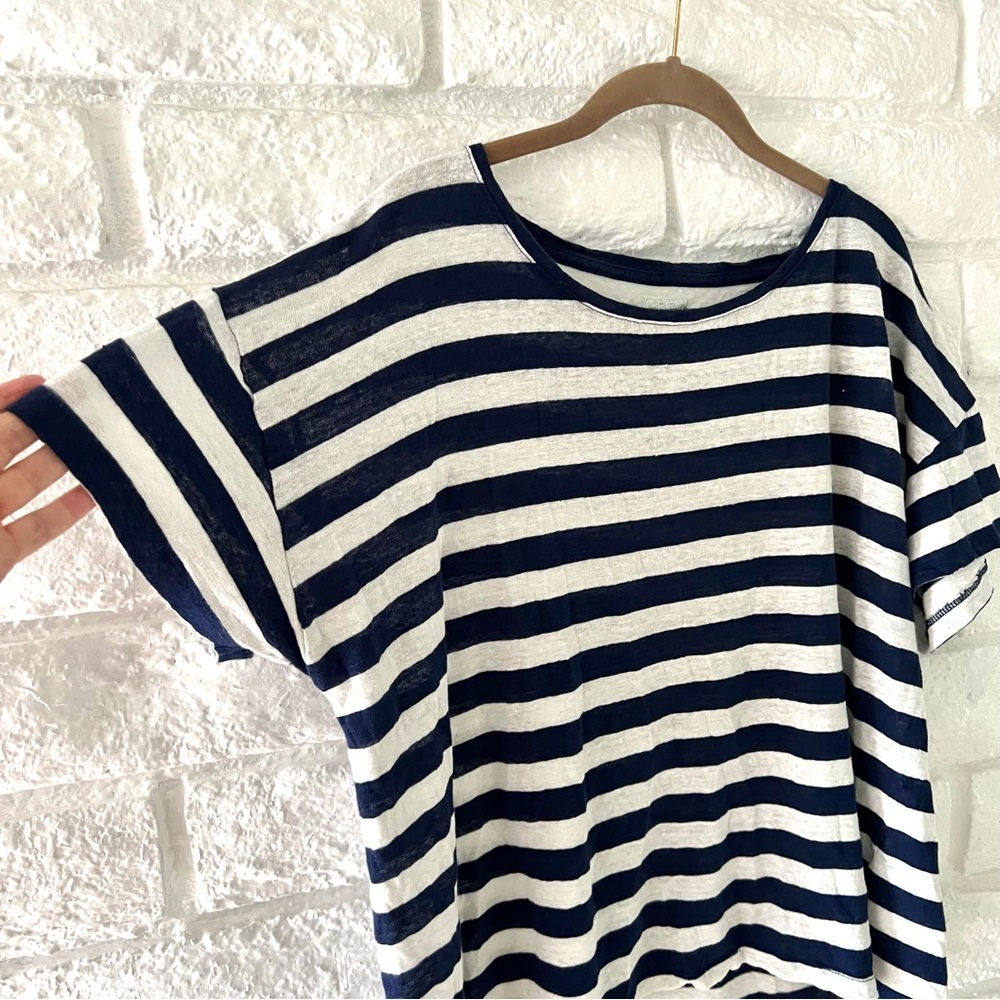 J Crew Navy White Stripe Linen Top Women's T-8 - Picture 2 of 3